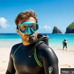 PADI 다이빙 강사 자격 취득 방법 - A professional scuba diving instructor in Brazil preparing for a lesson on a sunny beach near Fernan...