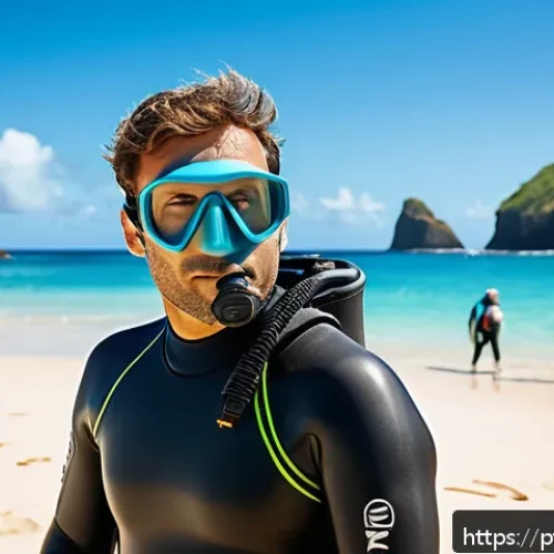 PADI 다이빙 강사 자격 취득 방법 - A professional scuba diving instructor in Brazil preparing for a lesson on a sunny beach near Fernan...