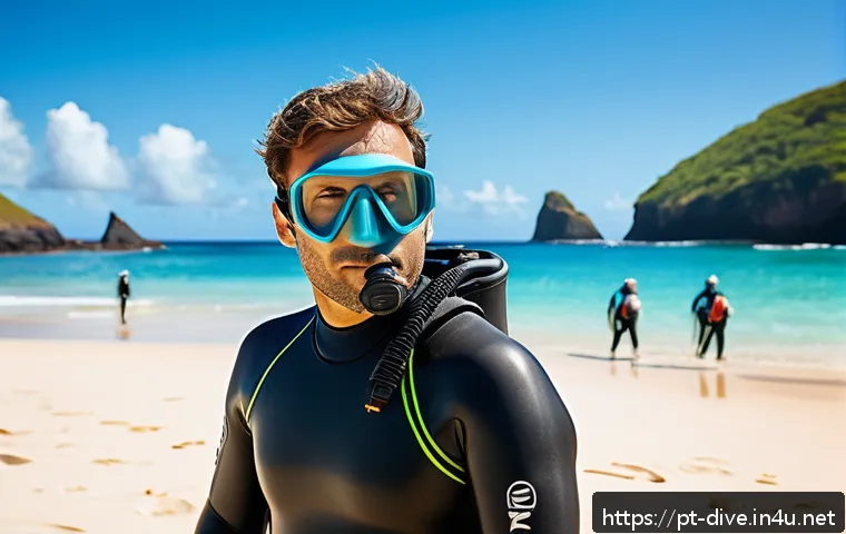 PADI 다이빙 강사 자격 취득 방법 - A professional scuba diving instructor in Brazil preparing for a lesson on a sunny beach near Fernan...