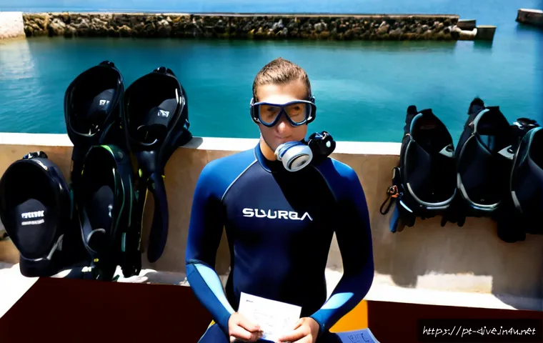 다이빙 강사 자격증 취득 비용 - Photorealistic scuba diving certification budgeting scene in Portugal, a young adult student in a mo...