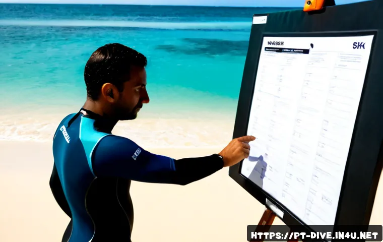 다이빙 강사 실습 체크리스트 - Photorealistic scuba diving instructor practicum on a sunny Brazilian tropical beach, experienced in...